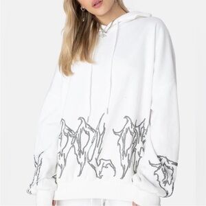 Adika Rhinestone Flame "Cool Off" White Pullover Hoodie Size Medium